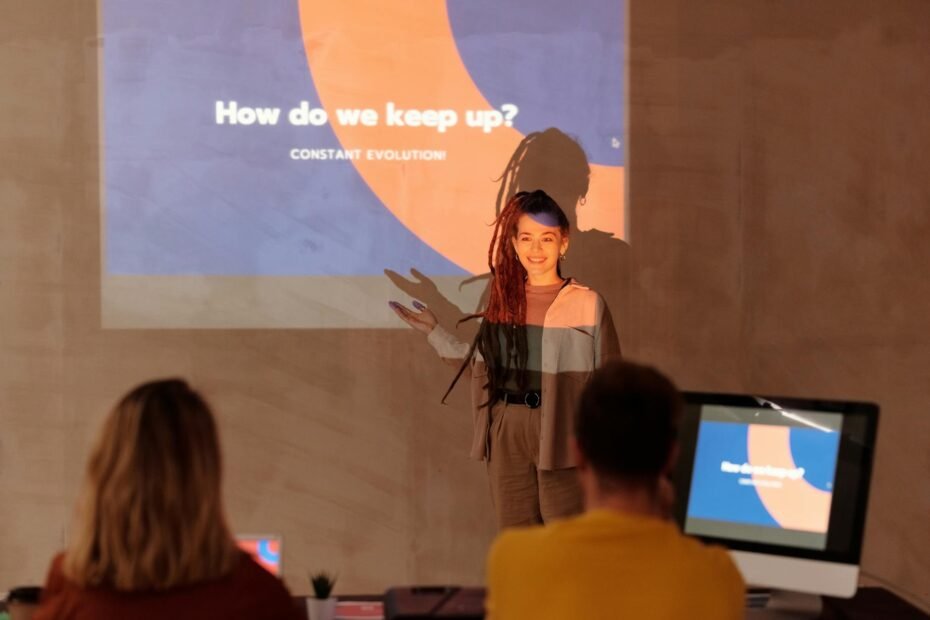 smiling woman doing a presentation