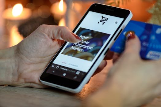 Woman using smartphone for online shopping with credit card in hand, festive background lighting. products shopping.